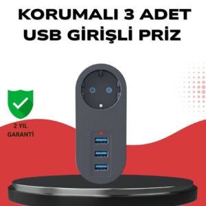 Isıya Dayanıklı 3 USB Portlu Güvenlikli Priz – Akıllı Enerji Yönetimi