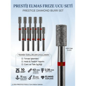 10'lu ORTA SERT Ultra Hassas Elmas Freze Ucu - Kuru Manikür Tırnak Hobi Gravür Seti 723103