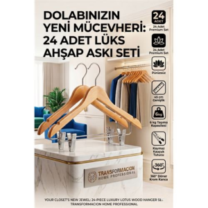 24'lü Ahşap Takım Elbise Askısı Seti | Kıskaçlı Pantolon Askısı Kaymaz Çentikli Ceket Askılığı 723124