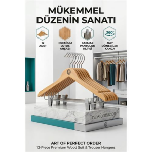 12'li Ahşap Takım Elbise Askısı Seti | Kıskaçlı Pantolon Askısı Kaymaz Çentikli Ceket Askılığı 723123